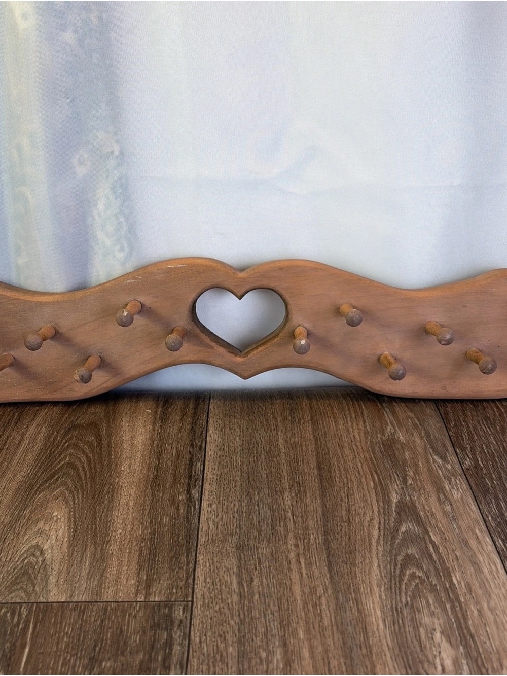12 Peg Wooden Jewelry Organizer Heart Cut Out Wall Mounted Hanging Cottagecore